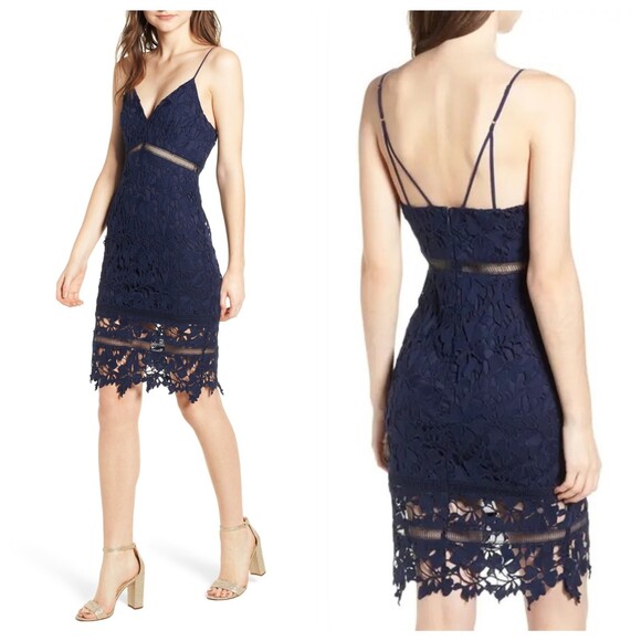 ASTR The Label Floral Lace Skinny Strap Knee Length Sheath Dress in Navy Size M - Picture 2 of 11